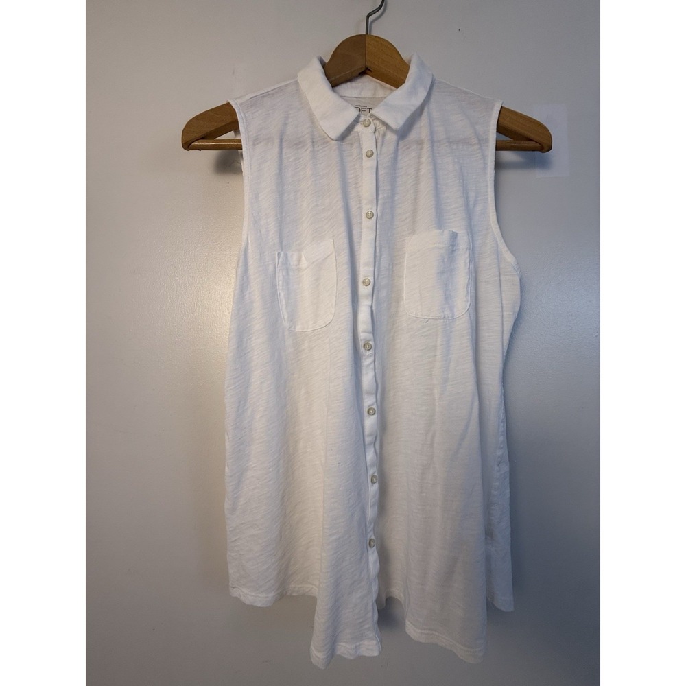 LOFT White Sleeveless Button Front Cotton Blouse Tunic Top Pockets Large L